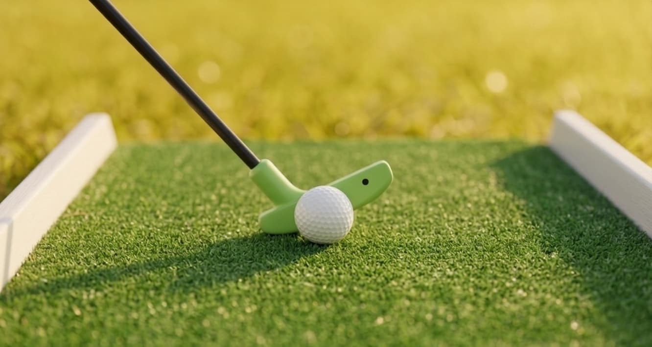 Close-up of a mini golf putter and ball on turf